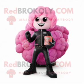 Pink Cauliflower mascot costume character dressed with a Biker Jacket and Coin purses