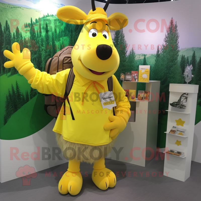 Lemon Yellow Moose mascot costume character dressed with a Mini Skirt and Backpacks