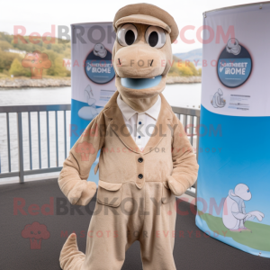 Beige Loch Ness Monster mascot costume character dressed with a Waistcoat and Berets