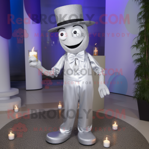 Silver Scented Candle mascot costume character dressed with a Dress Pants and Hats