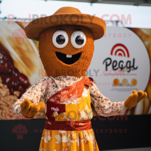 Rust Paella mascot costume character dressed with a Playsuit and Hat pins