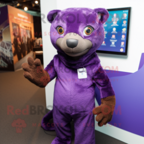 Purple Jaguarundi mascot costume character dressed with a Oxford Shirt and Mittens