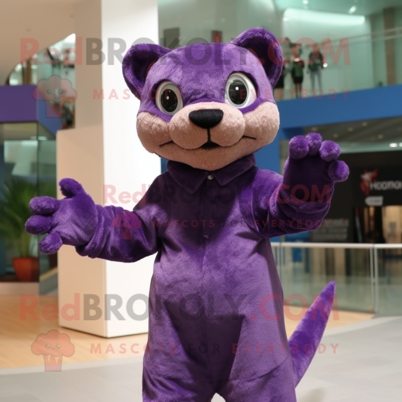 Purple Jaguarundi mascot costume character dressed with a Oxford Shirt and Mittens