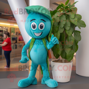 Teal Beanstalk mascot costume character dressed with a T-Shirt and Caps