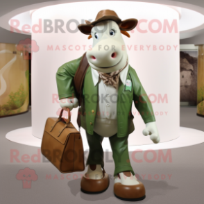 Olive Hereford Cow mascot costume character dressed with a Jacket and Handbags