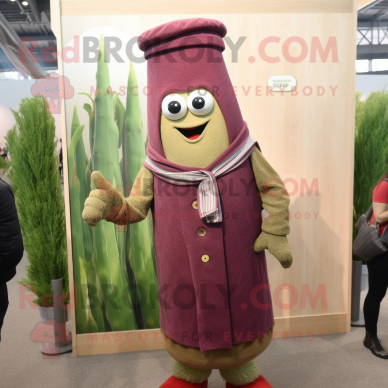 Maroon Asparagus mascot costume character dressed with a Cardigan and Cummerbunds