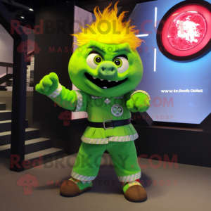 Lime Green Fire Eater mascot costume character dressed with a Bermuda Shorts and Digital watches