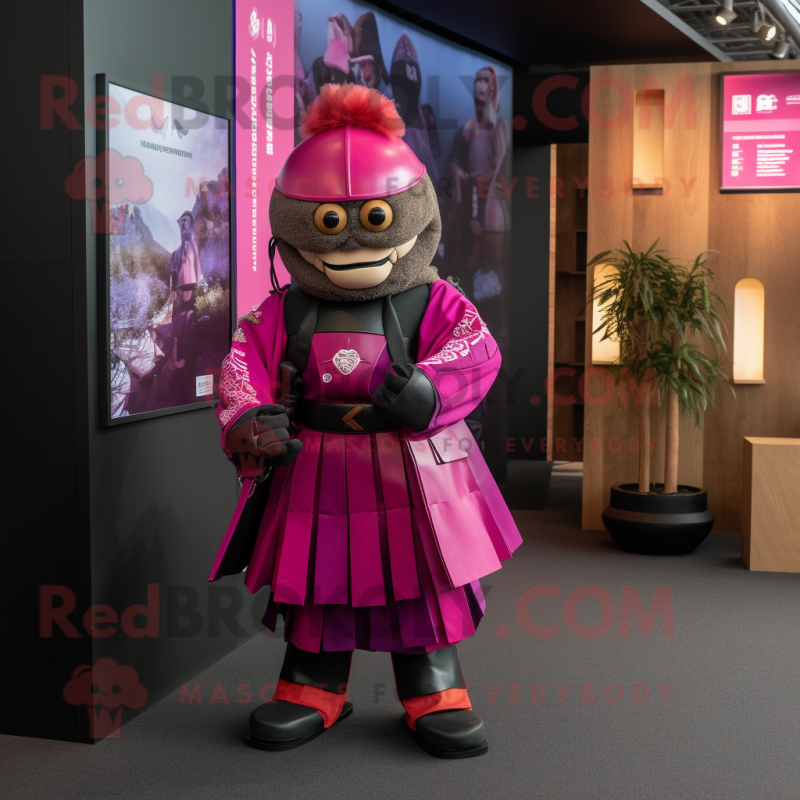Magenta Samurai mascot costume character dressed with a Dungarees and Hairpins