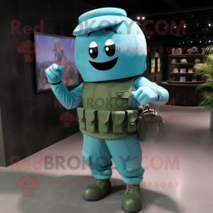 Cyan Army Soldier mascot costume character dressed with a Tank Top and Hairpins