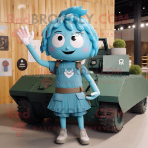 Cyan Army Soldier mascot costume character dressed with a Tank Top and Hairpins