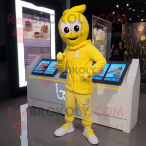 Lemon Yellow Chocolate Bar mascot costume character dressed with a Joggers and Digital watches