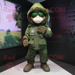 Forest Green Commando mascot costume character dressed with a Hoodie and Brooches