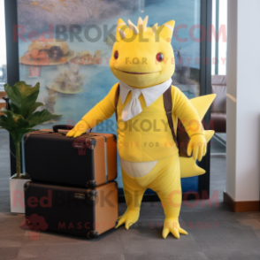 Yellow Axolotls mascot costume character dressed with a Romper and Briefcases
