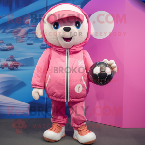 Pink Soccer Ball mascot costume character dressed with a Parka and Tote bags