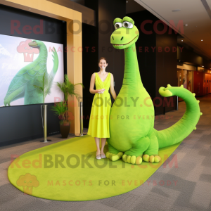 Lime Green Diplodocus mascot costume character dressed with a Empire Waist Dress and Anklets