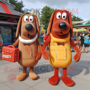 Rust Hot Dog mascot costume character dressed with a Romper and Handbags