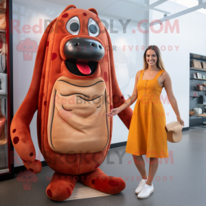 Rust Hot Dog mascot costume character dressed with a Romper and Handbags