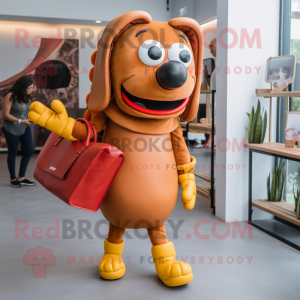 Rust Hot Dog mascot costume character dressed with a Romper and Handbags