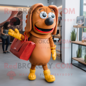 Rust Hot Dog mascot costume character dressed with a Romper and Handbags