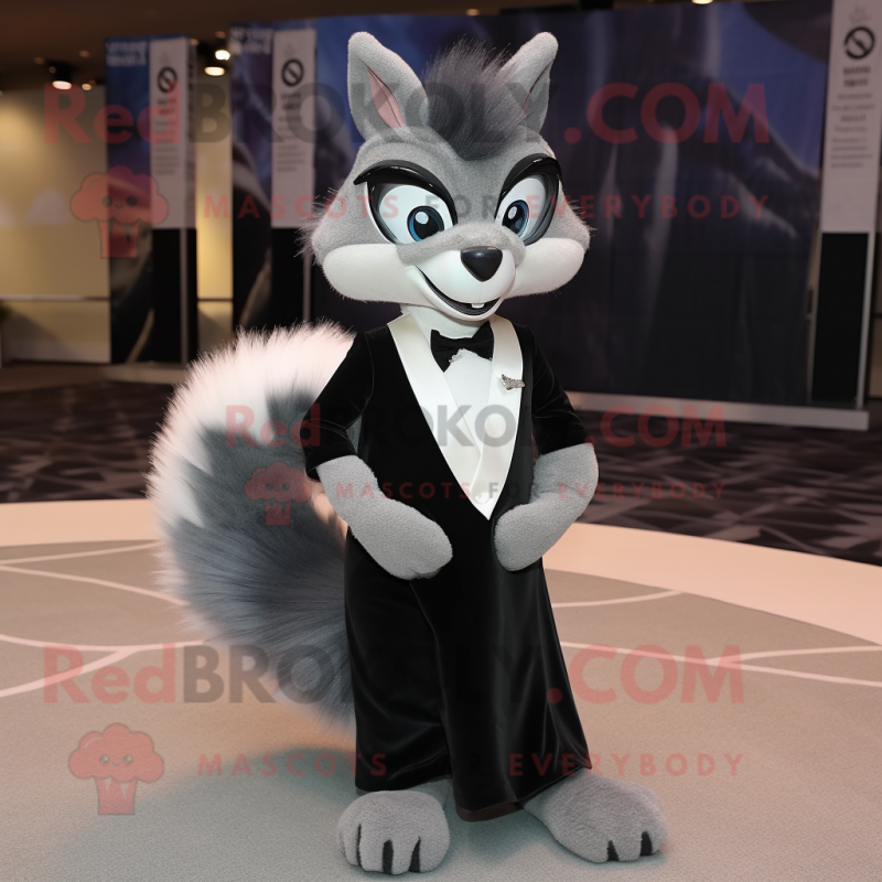 Gray Skunk mascot costume character dressed with a Evening Gown and Eyeglasses