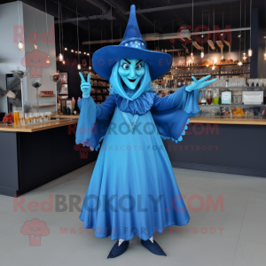 Sky Blue Witch'S Hat mascot costume character dressed with a Cocktail Dress and Gloves