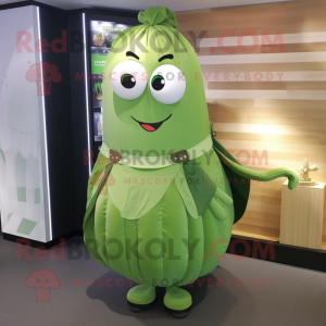 Olive Cucumber mascot costume character dressed with a Pleated Skirt and Belts