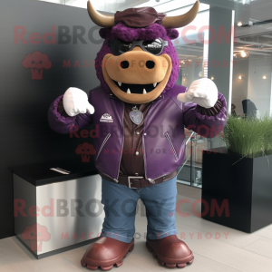 Purple Beef Wellington mascot costume character dressed with a Leather Jacket and Bracelet watches