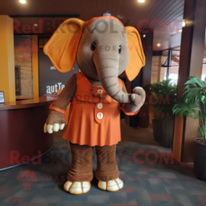 Rust Elephant mascot costume character dressed with a Skirt and Tie pins
