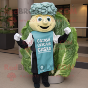 Teal Caesar Salad mascot costume character dressed with a Jacket and Earrings