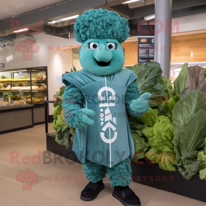 Teal Caesar Salad mascot costume character dressed with a Jacket and Earrings