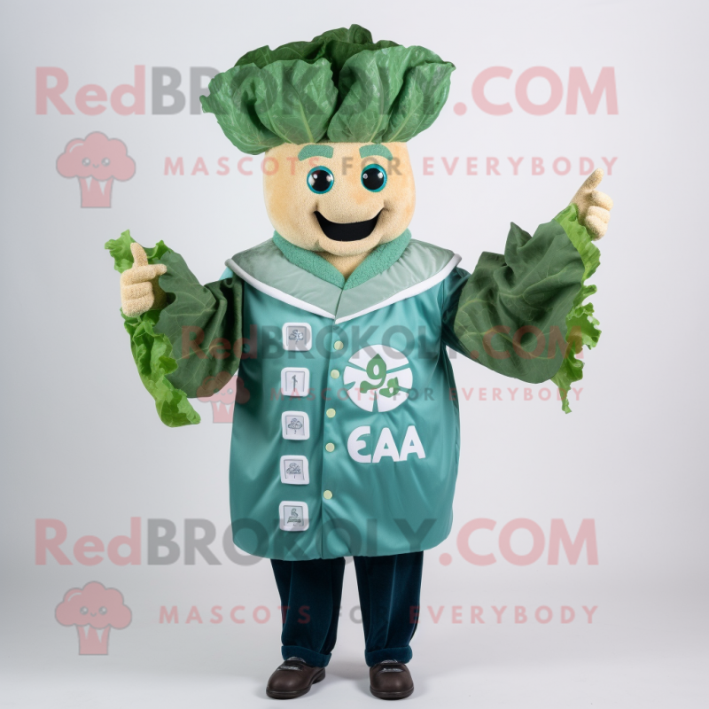 Teal Caesar Salad mascot costume character dressed with a Jacket and Earrings