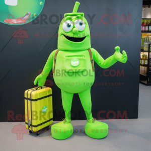 Lime Green Green Beer mascot costume character dressed with a Romper and Briefcases