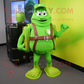 Lime Green Green Beer mascot costume character dressed with a Romper and Briefcases