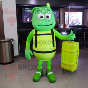 Lime Green Green Beer mascot costume character dressed with a Romper and Briefcases