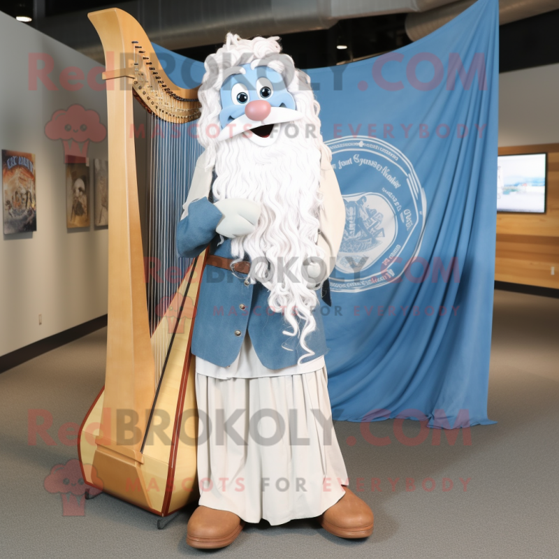 White Celtic Harp mascot costume character dressed with a Chambray Shirt and Shoe laces