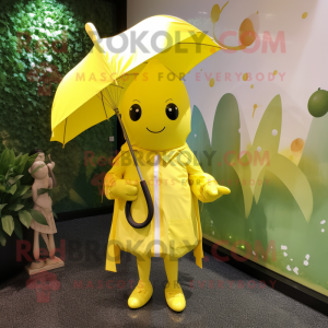 Lemon Yellow Queen mascot costume character dressed with a Raincoat and Suspenders