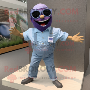 Lavender Contortionist mascot costume character dressed with a Chambray Shirt and Sunglasses