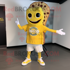 Yellow Pizza Slice mascot costume character dressed with a Long Sleeve Tee and Shoe laces