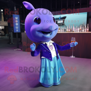 Purple Blue Whale mascot costume character dressed with a Cocktail Dress and Lapel pins