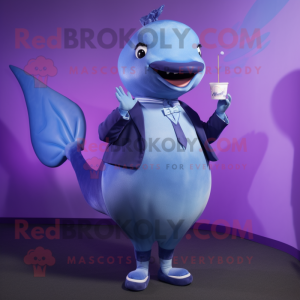 Purple Blue Whale mascot costume character dressed with a Cocktail Dress and Lapel pins
