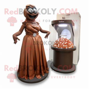 Rust Chocolates mascot costume character dressed with a Evening Gown and Rings