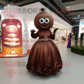 Rust Chocolates mascot costume character dressed with a Evening Gown and Rings