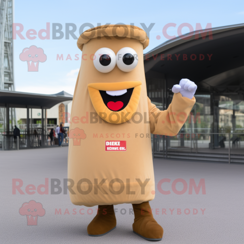 Beige Currywurst mascot costume character dressed with a Flare Jeans and Clutch bags