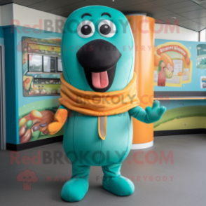 Teal Hot Dogs mascot costume character dressed with a Playsuit and Bracelets