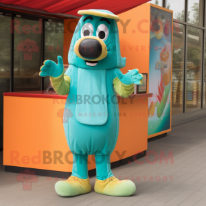Teal Hot Dogs mascot costume character dressed with a Playsuit and Bracelets
