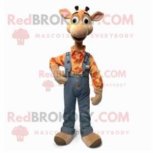 Peach Giraffe mascot costume character dressed with a Denim Shirt and Shoe laces