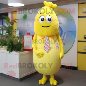 Lemon Yellow Shrimp Scampi mascot costume character dressed with a Mini Dress and Tie pins