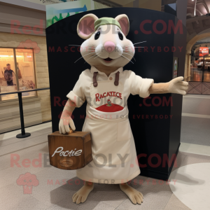 Beige Ratatouille mascot costume character dressed with a T-Shirt and Messenger bags