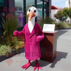 Magenta Albatross mascot costume character dressed with a Sheath Dress and Tie pins