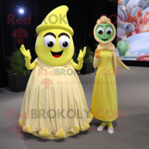 Lemon Yellow Fajitas mascot costume character dressed with a Ball Gown and Wallets
